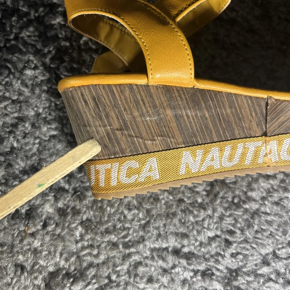Nautica Sandal Women's Size 6.5 Mustard Faux Wood Wedge Sandal  Buckle - Picture 13 of 13